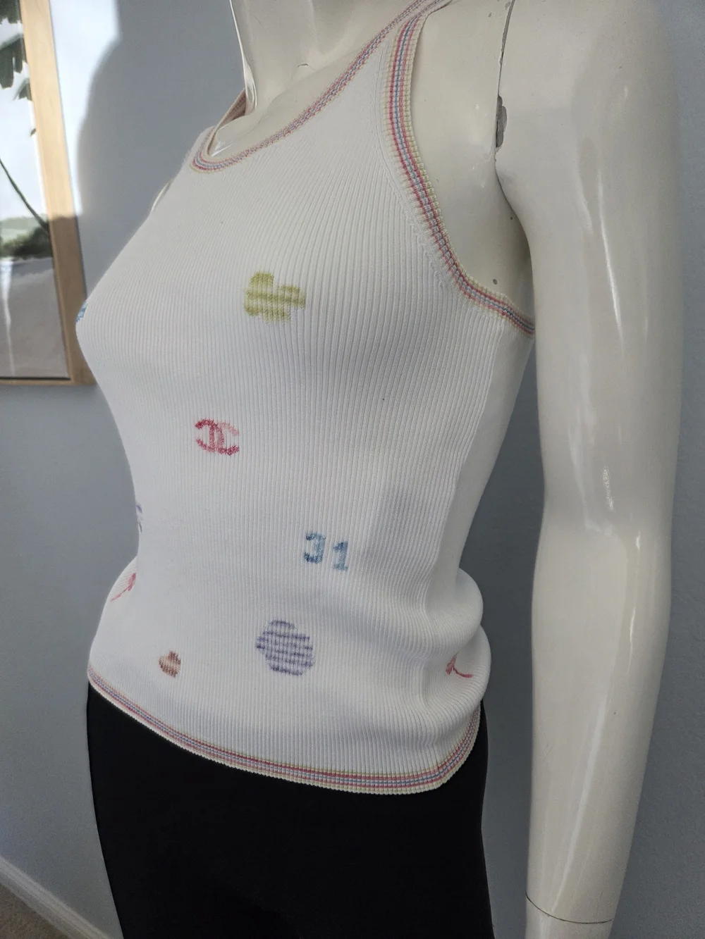 Chanel White Ribbed Logo Tank Top — Multicolor Motif